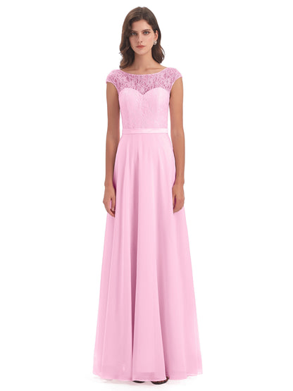 Treasure Cap Sleeves Lace Long Bridesmaid Dresses