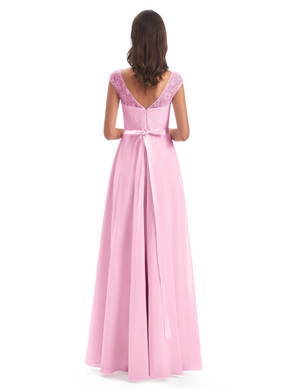 Treasure Cap Sleeves Lace Long Bridesmaid Dresses