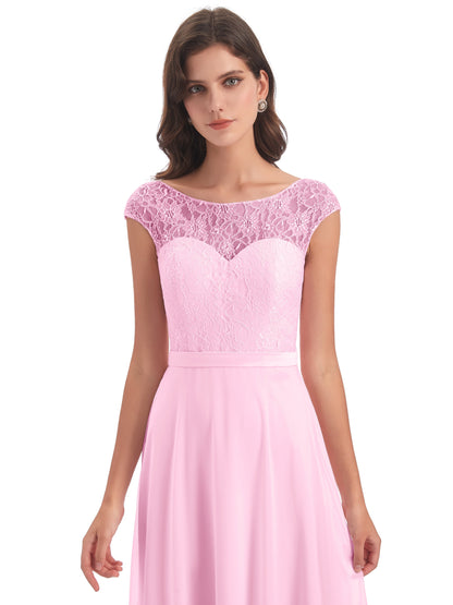 Treasure Cap Sleeves Lace Long Bridesmaid Dresses