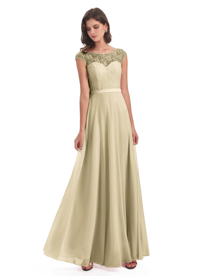 Treasure Cap Sleeves Lace Long Bridesmaid Dresses