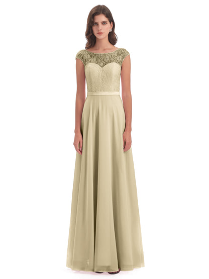 Treasure Cap Sleeves Lace Long Bridesmaid Dresses