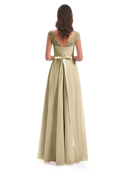 Treasure Cap Sleeves Lace Long Bridesmaid Dresses