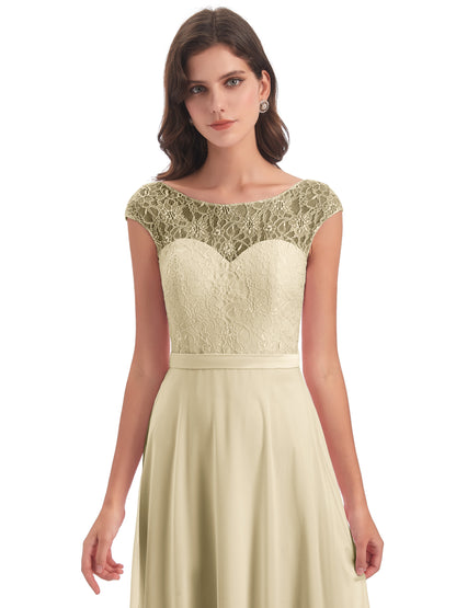 Treasure Cap Sleeves Lace Long Bridesmaid Dresses
