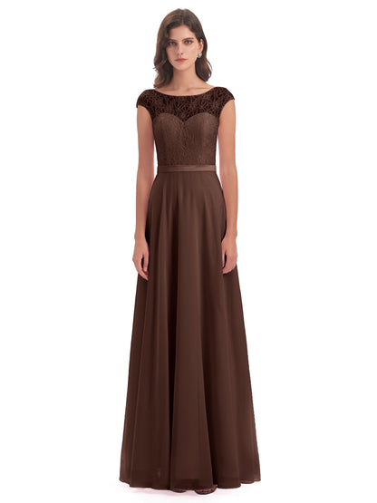 Treasure Cap Sleeves Lace Long Bridesmaid Dresses