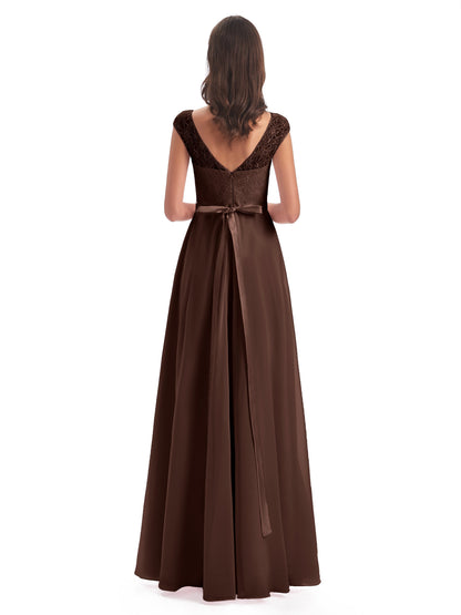 Treasure Cap Sleeves Lace Long Bridesmaid Dresses