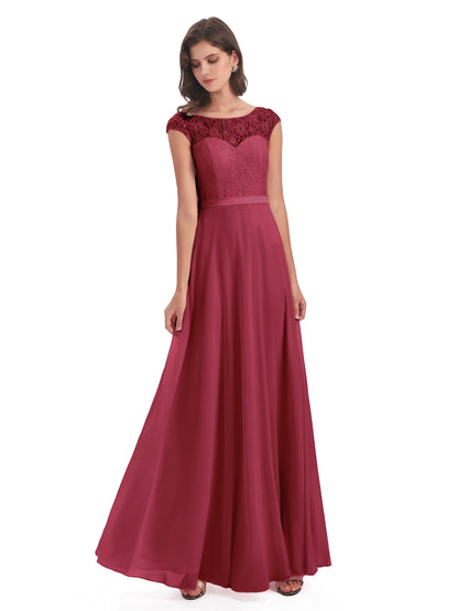 Treasure Cap Sleeves Lace Long Bridesmaid Dresses