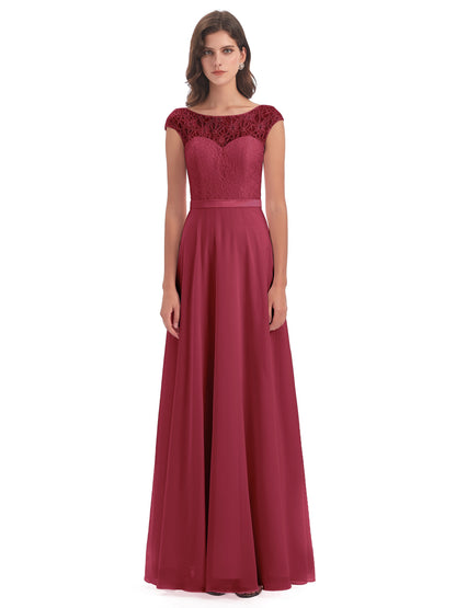 Treasure Cap Sleeves Lace Long Bridesmaid Dresses