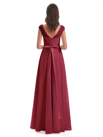 Treasure Cap Sleeves Lace Long Bridesmaid Dresses