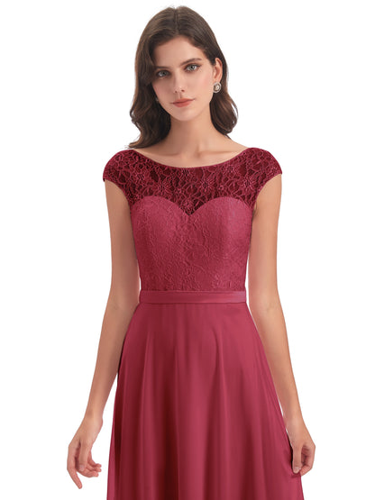 Treasure Cap Sleeves Lace Long Bridesmaid Dresses