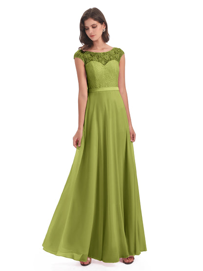 Treasure Cap Sleeves Lace Long Bridesmaid Dresses