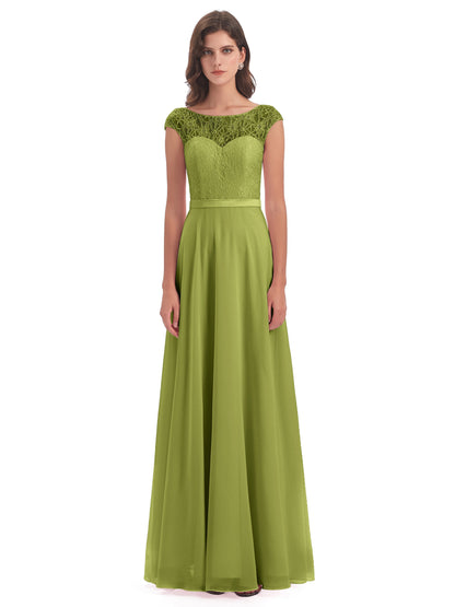 Treasure Cap Sleeves Lace Long Bridesmaid Dresses