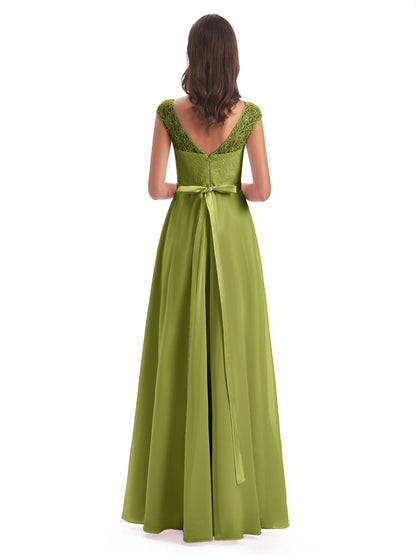 Treasure Cap Sleeves Lace Long Bridesmaid Dresses