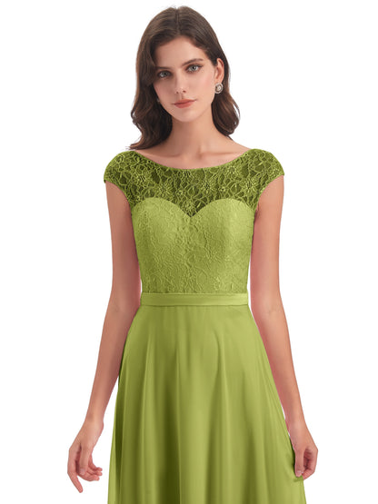 Treasure Cap Sleeves Lace Long Bridesmaid Dresses