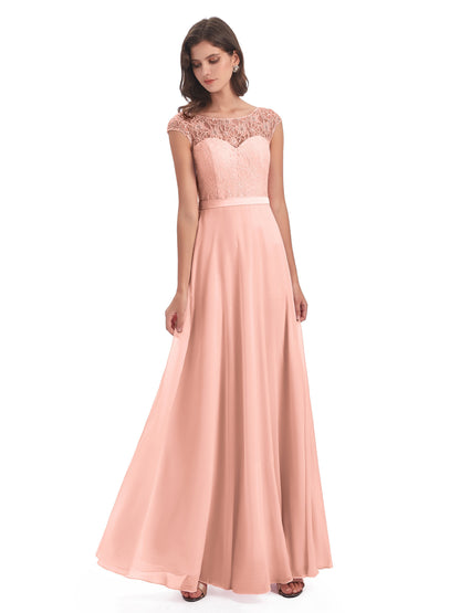 Treasure Cap Sleeves Lace Long Bridesmaid Dresses