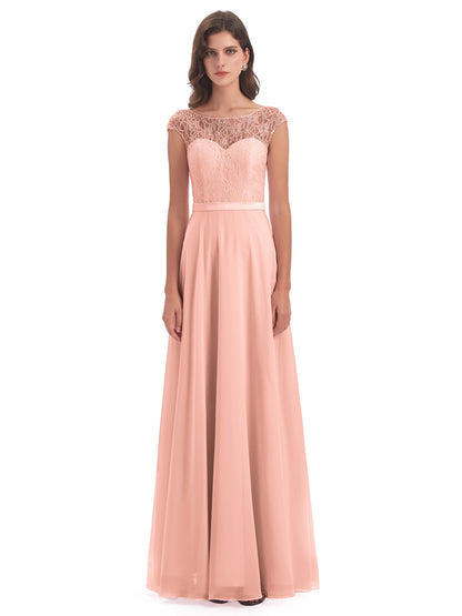 Treasure Cap Sleeves Lace Long Bridesmaid Dresses