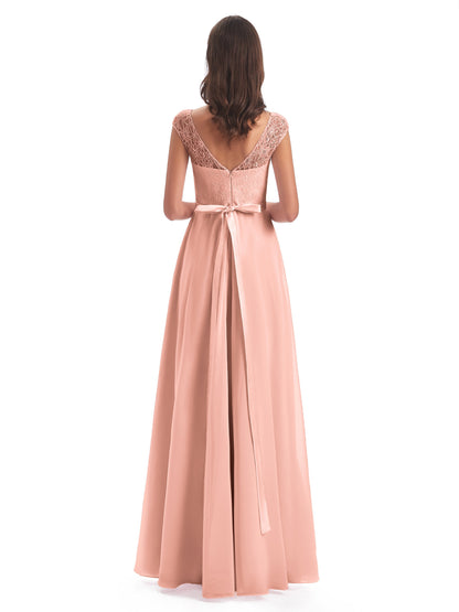 Treasure Cap Sleeves Lace Long Bridesmaid Dresses