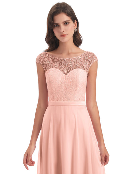 Treasure Cap Sleeves Lace Long Bridesmaid Dresses