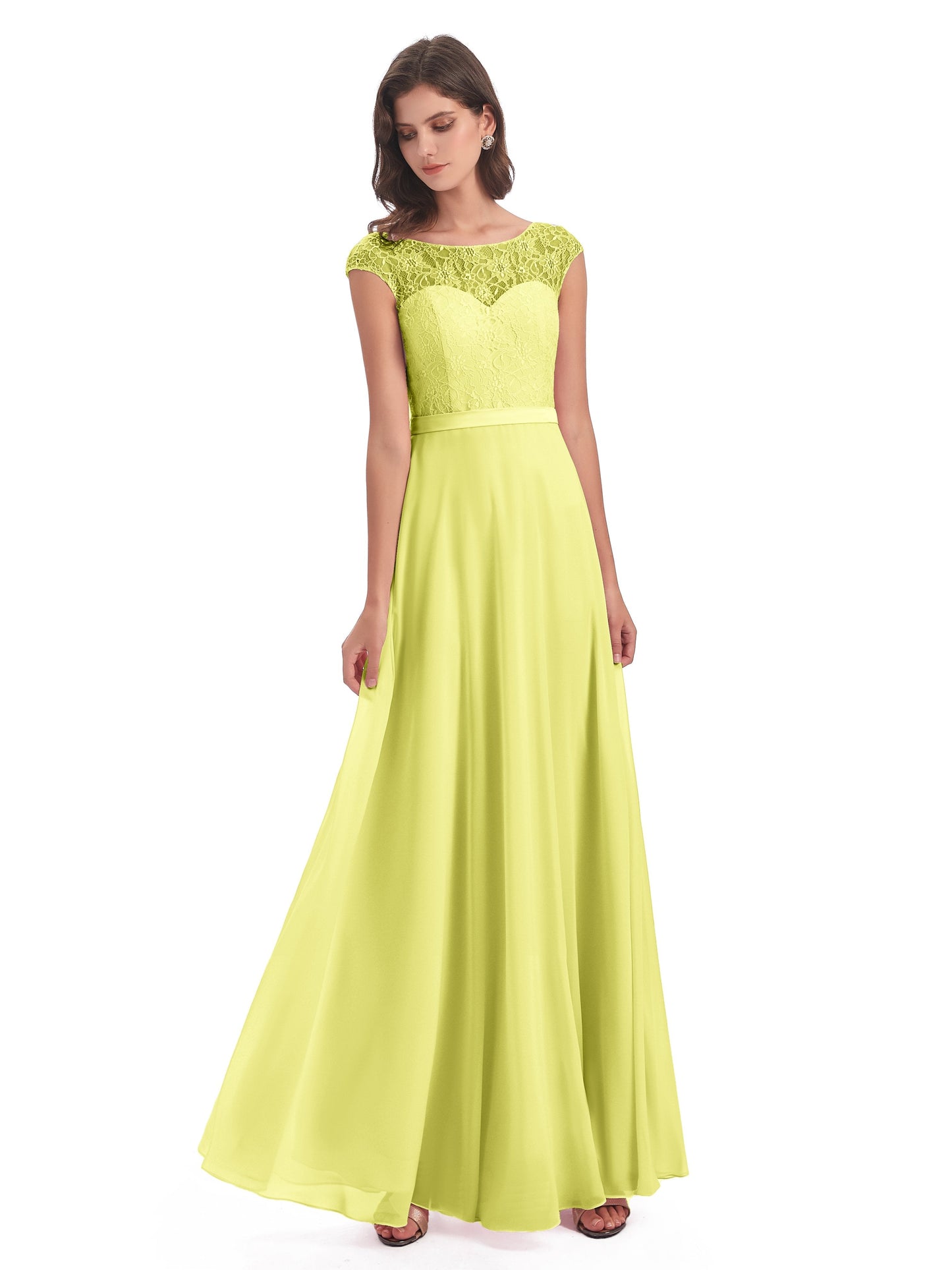 Treasure Cap Sleeves Lace Long Bridesmaid Dresses