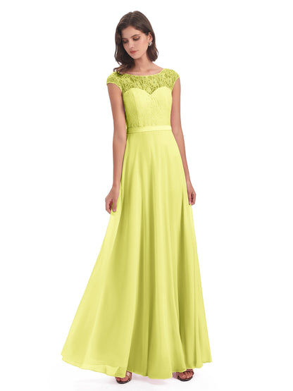 Treasure Cap Sleeves Lace Long Bridesmaid Dresses