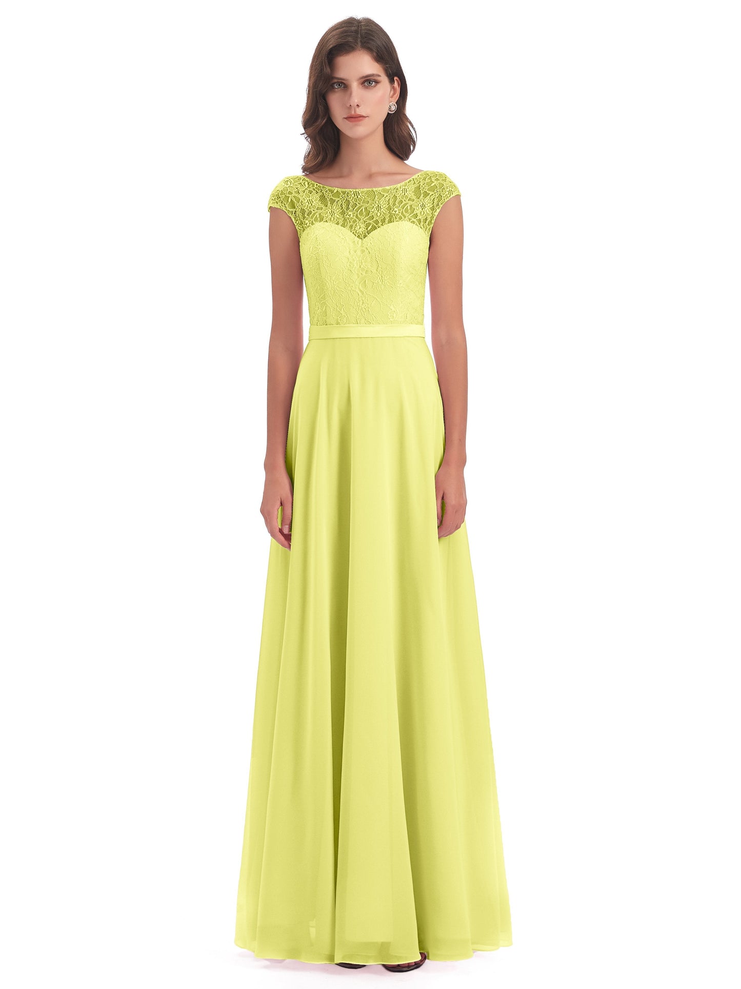 Treasure Cap Sleeves Lace Long Bridesmaid Dresses