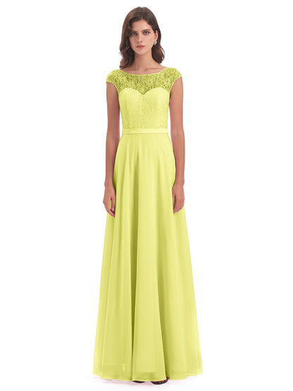 Treasure Cap Sleeves Lace Long Bridesmaid Dresses