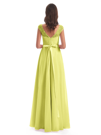 Treasure Cap Sleeves Lace Long Bridesmaid Dresses