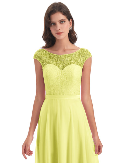 Treasure Cap Sleeves Lace Long Bridesmaid Dresses