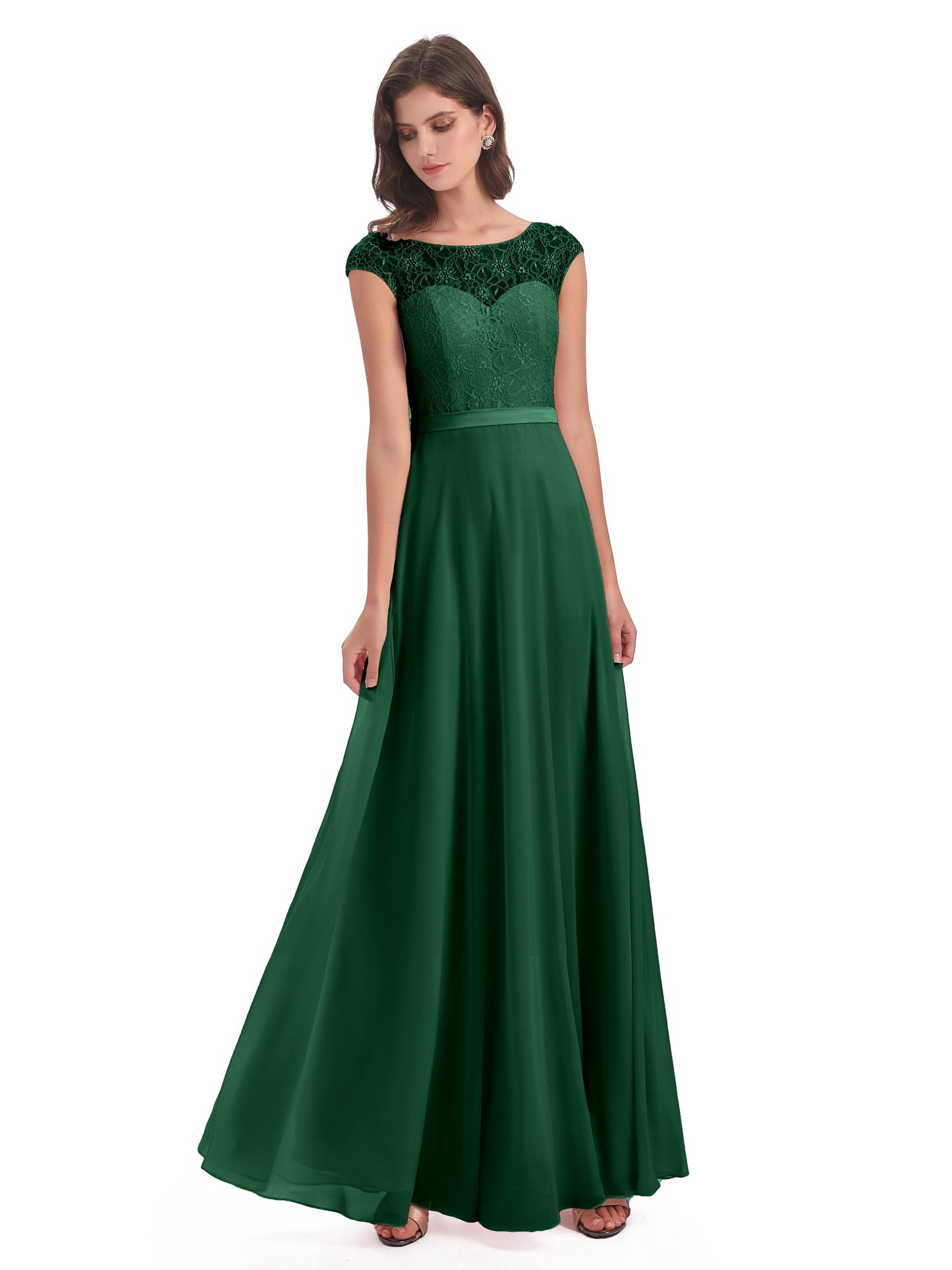 Treasure Cap Sleeves Lace Long Bridesmaid Dresses
