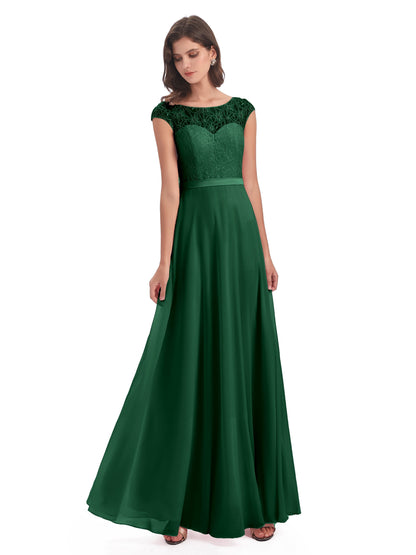Treasure Cap Sleeves Lace Long Bridesmaid Dresses