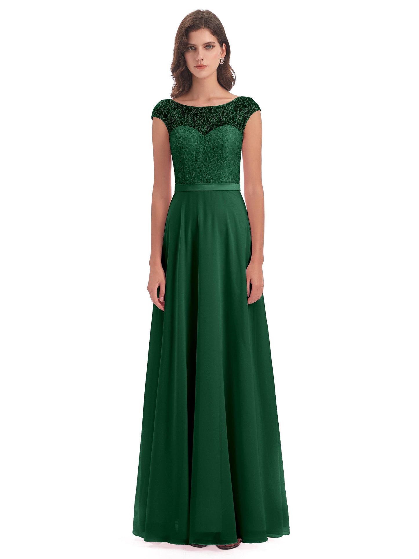 Treasure Cap Sleeves Lace Long Bridesmaid Dresses