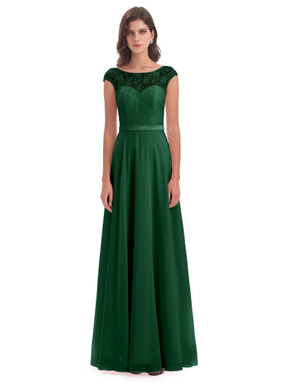 Treasure Cap Sleeves Lace Long Bridesmaid Dresses
