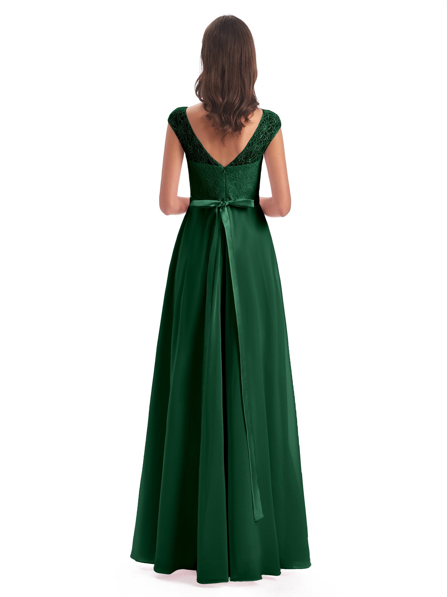 Treasure Cap Sleeves Lace Long Bridesmaid Dresses