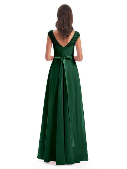 Treasure Cap Sleeves Lace Long Bridesmaid Dresses