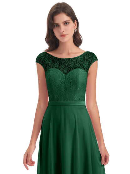 Treasure Cap Sleeves Lace Long Bridesmaid Dresses