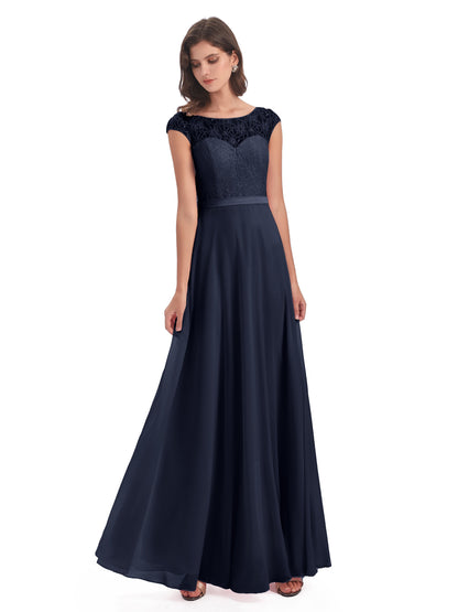 Treasure Cap Sleeves Lace Long Bridesmaid Dresses