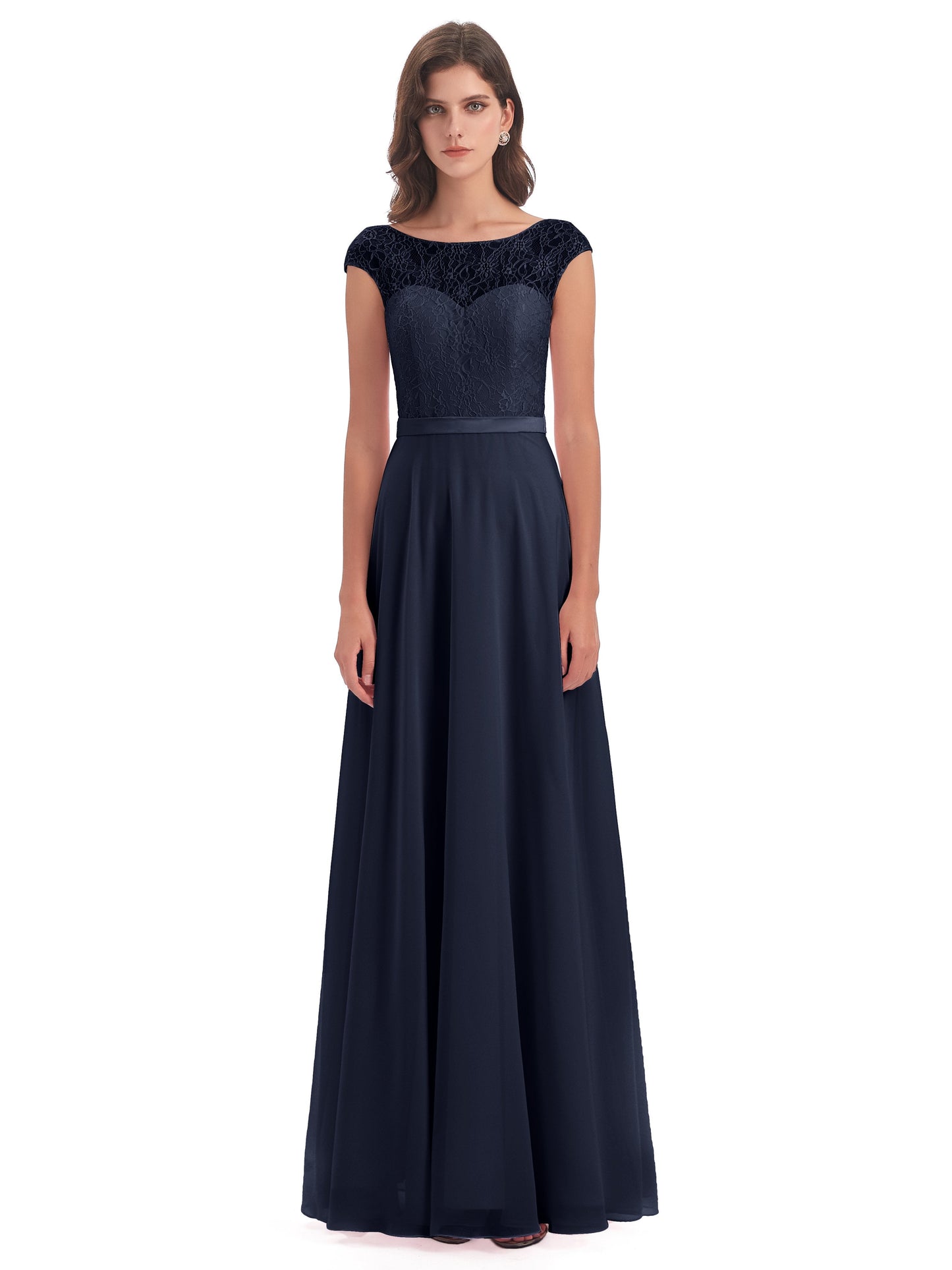 Treasure Cap Sleeves Lace Long Bridesmaid Dresses