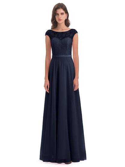 Treasure Cap Sleeves Lace Long Bridesmaid Dresses