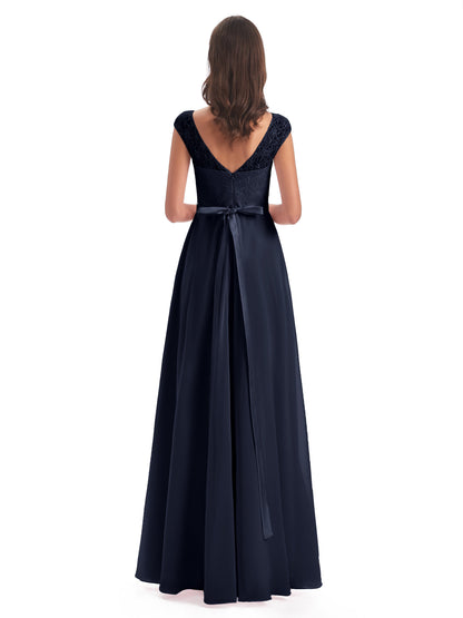 Treasure Cap Sleeves Lace Long Bridesmaid Dresses