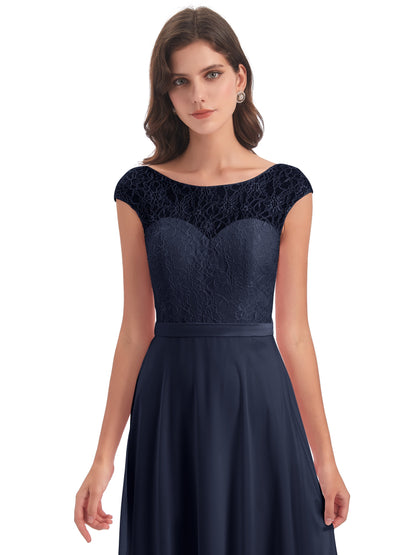 Treasure Cap Sleeves Lace Long Bridesmaid Dresses