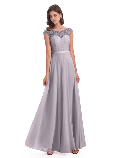 Treasure Cap Sleeves Lace Long Bridesmaid Dresses