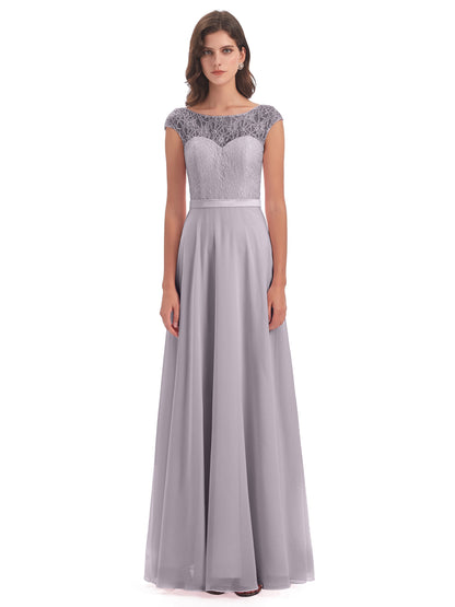 Treasure Cap Sleeves Lace Long Bridesmaid Dresses