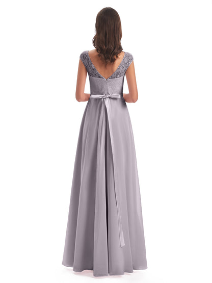 Treasure Cap Sleeves Lace Long Bridesmaid Dresses