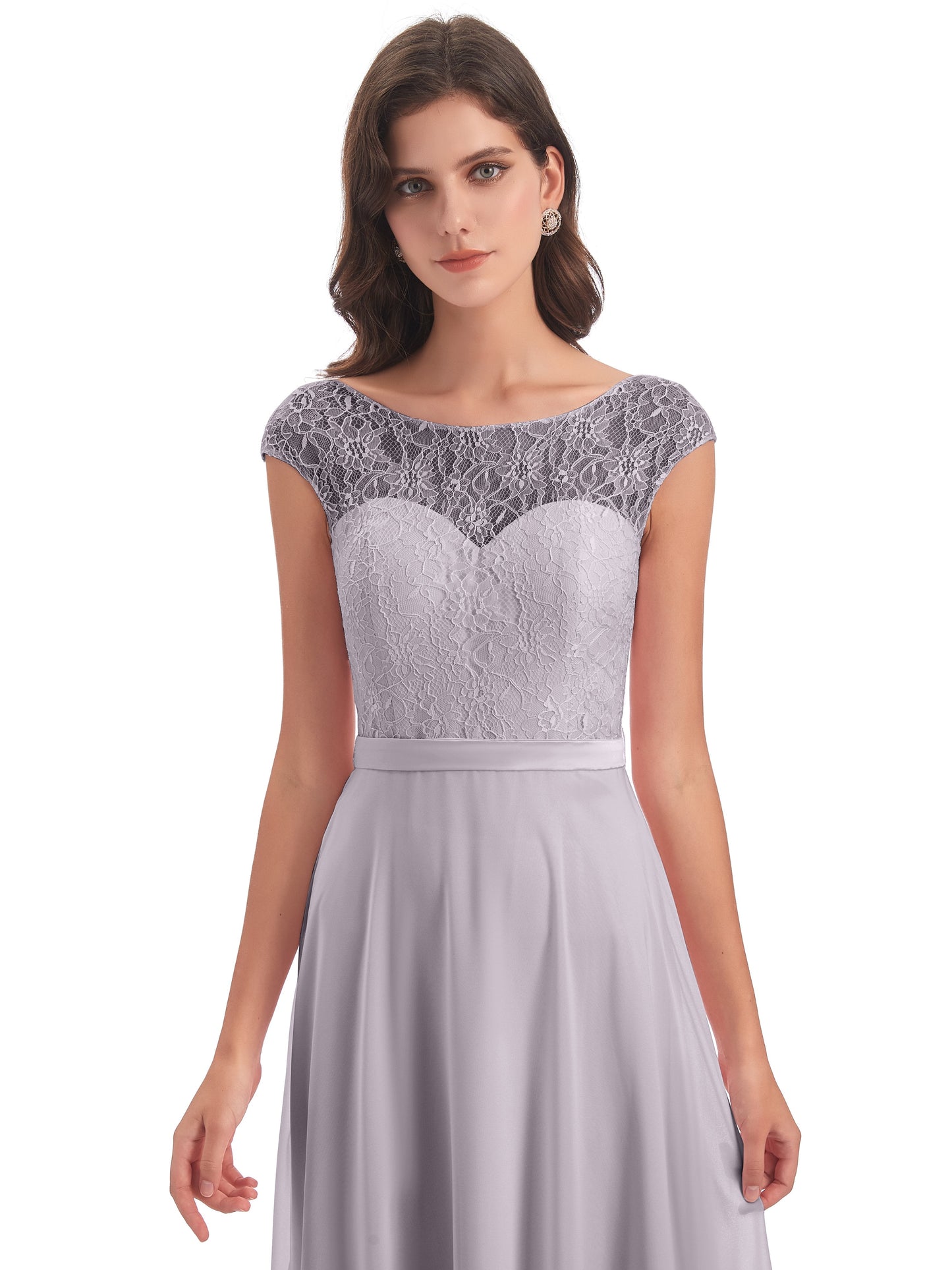 Treasure Cap Sleeves Lace Long Bridesmaid Dresses