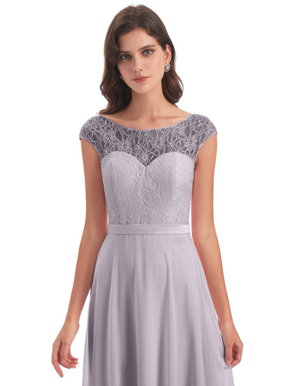 Treasure Cap Sleeves Lace Long Bridesmaid Dresses