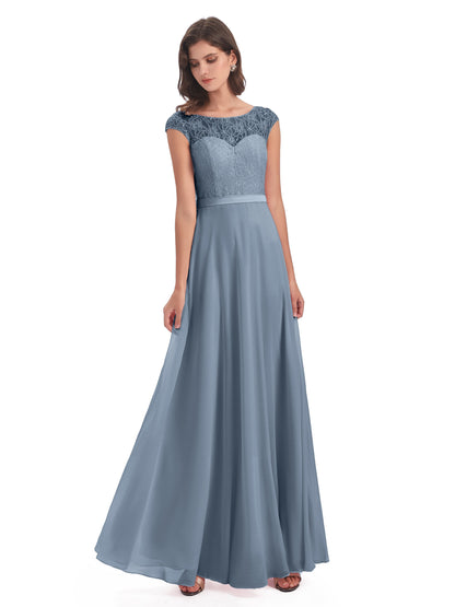 Treasure Cap Sleeves Lace Long Bridesmaid Dresses