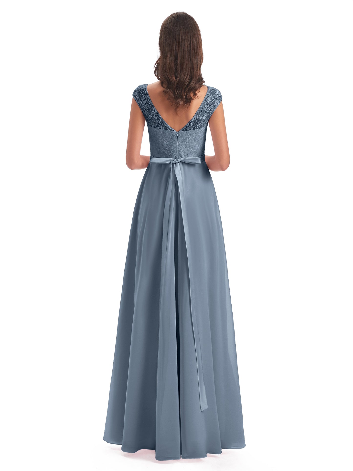 Treasure Cap Sleeves Lace Long Bridesmaid Dresses