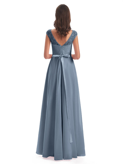 Treasure Cap Sleeves Lace Long Bridesmaid Dresses