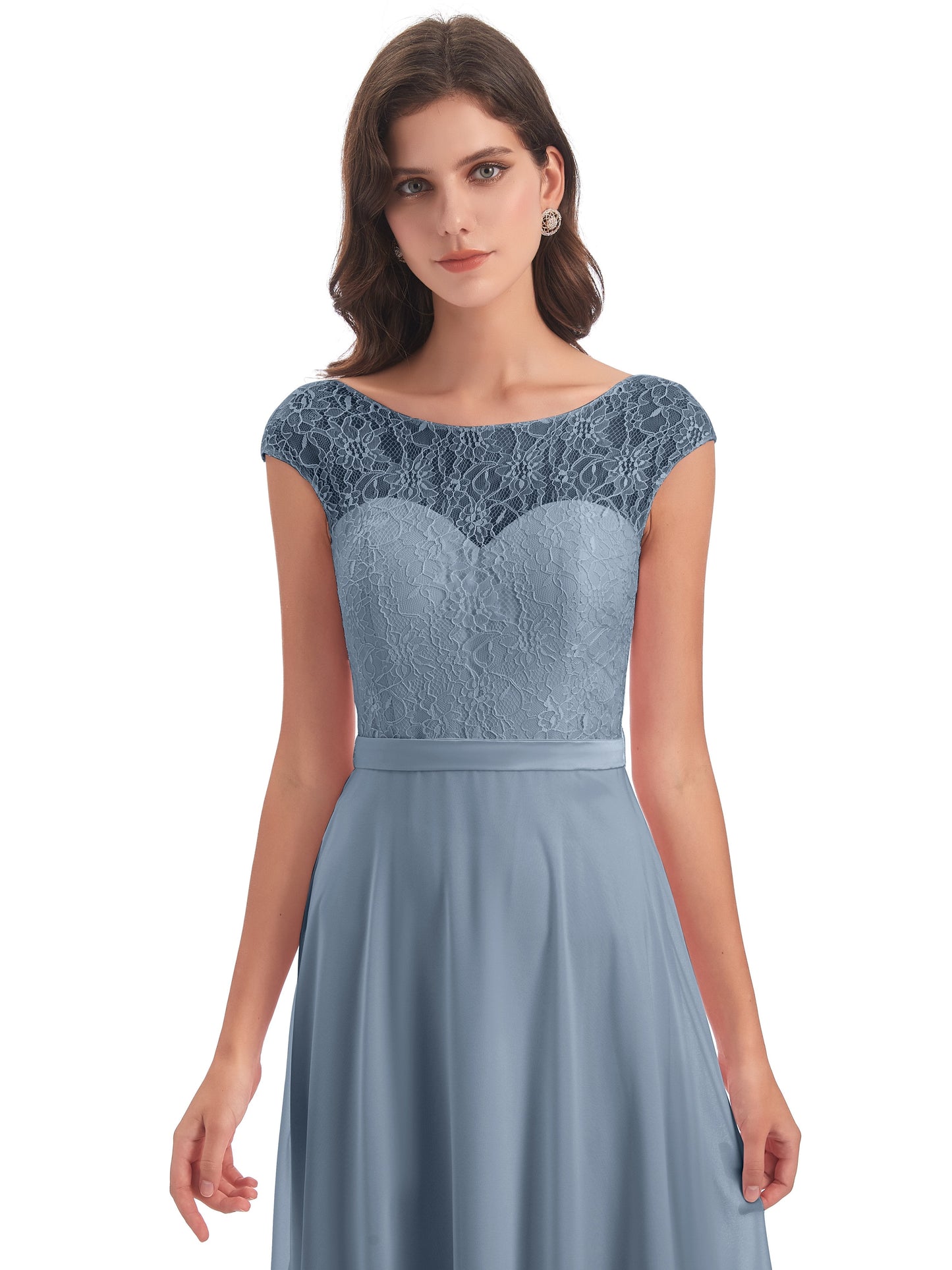 Treasure Cap Sleeves Lace Long Bridesmaid Dresses