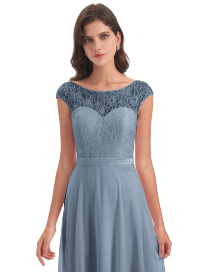 Treasure Cap Sleeves Lace Long Bridesmaid Dresses
