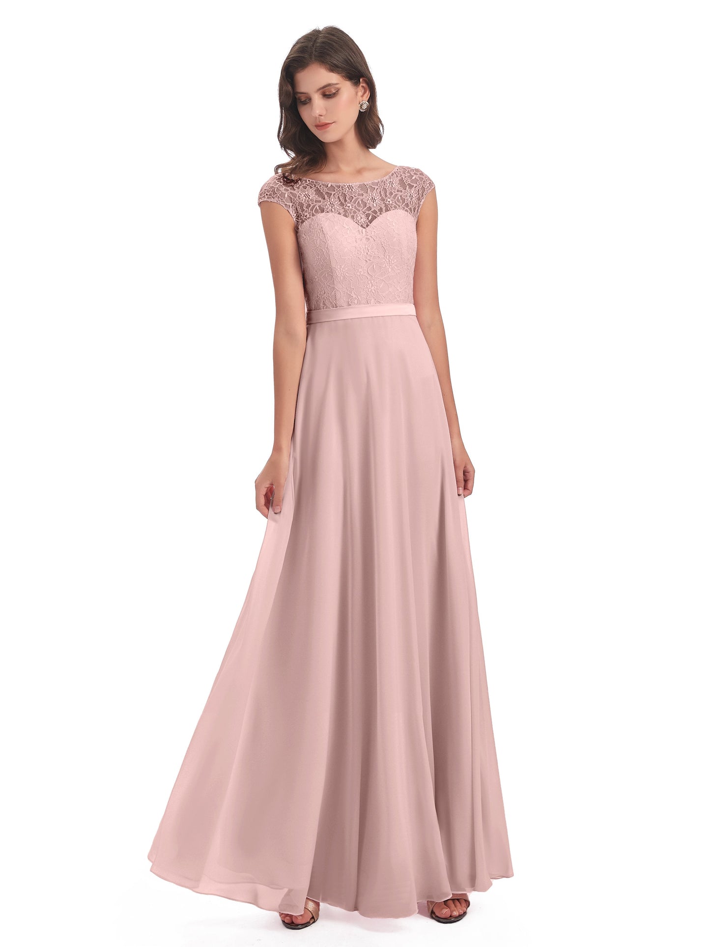 Treasure Cap Sleeves Lace Long Bridesmaid Dresses